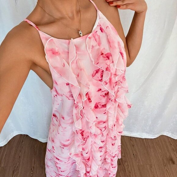 Pink Women's Elegant Ruffle Strap Floral Print Long Flowy Maxi Dress - Picture 4 of 7